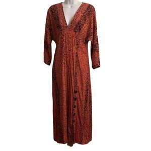 ANGIE Womens Orange Animal Print Maxi Dress V Neck Button Front Long‎ Sleeve M